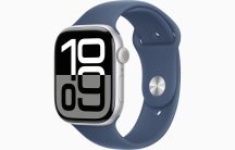   Apple Watch Series 10 GPS, 46 mm-es ezüstszínű alumíniumtok, denimszínű sportszíj – M/L