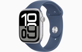 Apple Watch Series 10 GPS, 46 mm-es ezüstszínű alumíniumtok, denimszínű sportszíj – M/L