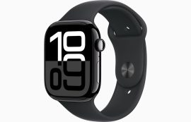 Apple Watch Series 10 GPS, 46 mm-es kozmoszfekete alumíniumtok, fekete sportszíj – M/L