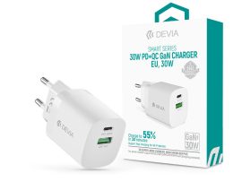 Devia GaN hálózati töltő adapter USB + Type-C bemenettel - 30W - Devia Smart    Series GaN PD + QC Quick Charger - fehér